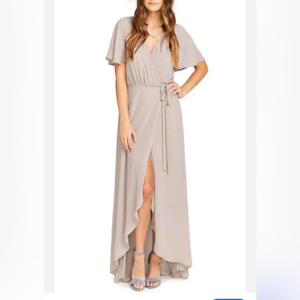 NEW Show Me Your Mumu Sophia Wrap Short Sleeve Bridesmaid Dress Beige Size Small